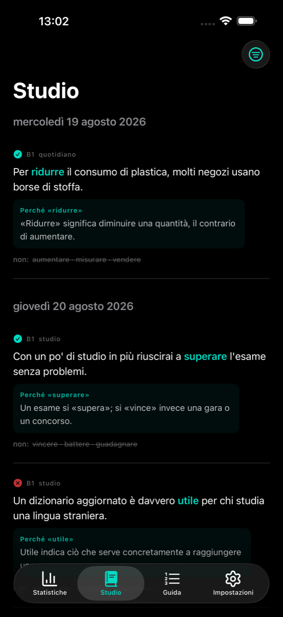 La sezione Studio con le frasi e le spiegazioni